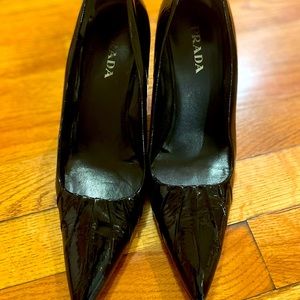 Authentic PRADA Black Ruched Leather High Heels Women's Shoes Sz 7.5W Made Italy